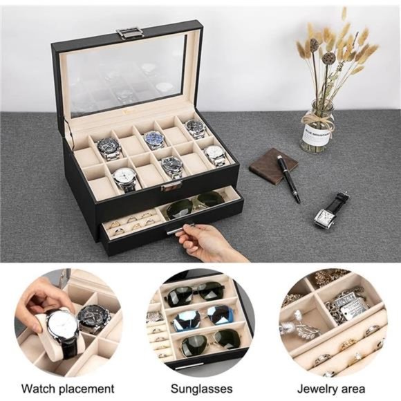 Jewelry Box for Men Women, 2 Layer Large 12 Slot PU Leather Watch Storage, Black - Picture 4 of 6